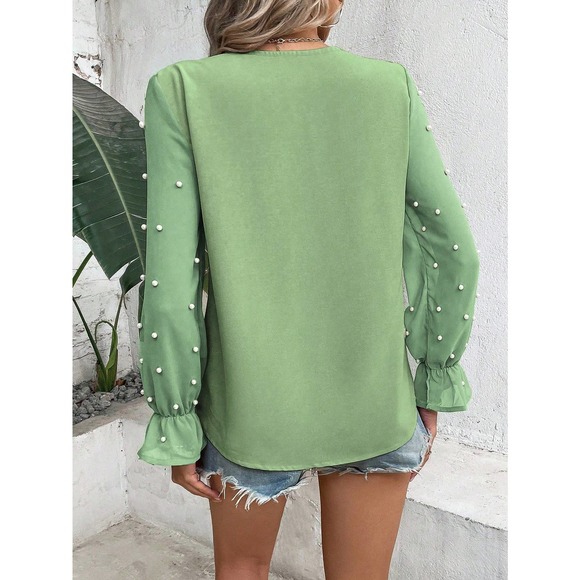 Preppy Contrast Mesh Pearl embellished Flounce Sleeve V Neck Blouse - Picture 6 of 6